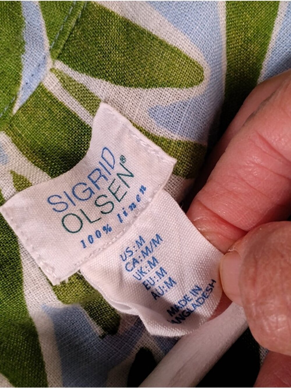 Sigrid Olsen Linen Blouse Hi Lo Tropical Long Sleeve Resort Size M Green Pocket - Picture 4 of 6